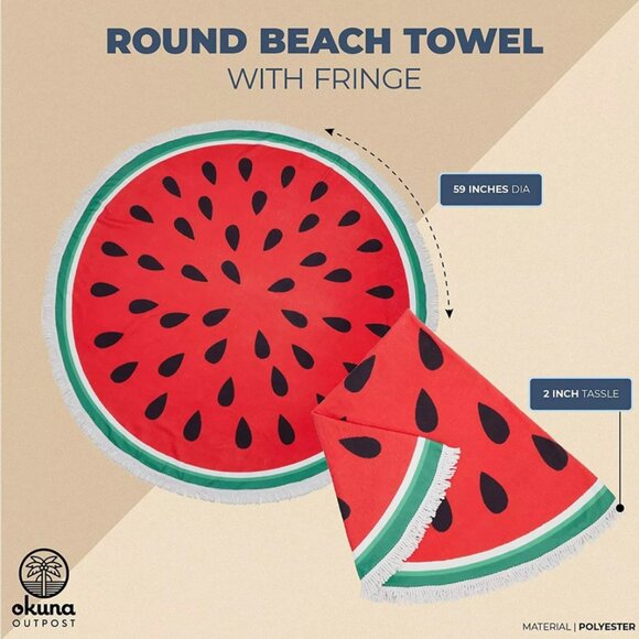 Watermelon Round Beach‎ Towel with Fringe - 59" Diameter, Fun Summer Decor - Picture 5 of 8